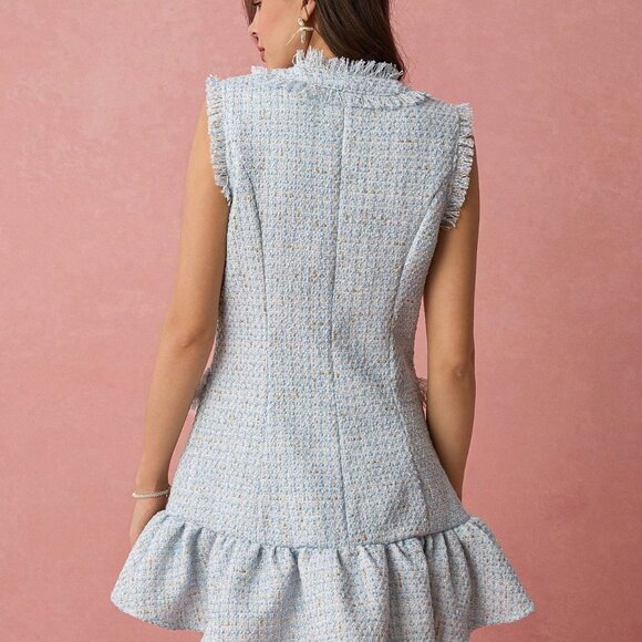 Baby Blue Elegant Women's Pearl Buttons Decor Ruffle Hem Sleeveless Mini Dress - Picture 7 of 7